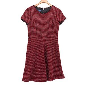 RSVP Talbots Tweed Dress Red Black Metallic Short Sleeve Fringe Trim Flare Sz 8P